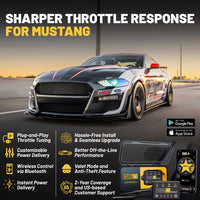 Mustang car on a road with  pedal commander® throttle response controller packaging and features listed.