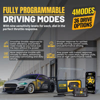 Advertisement for  pedal commander® throttle response controller driving modes with a car, controller, and smartphone displaying modes on a track background.