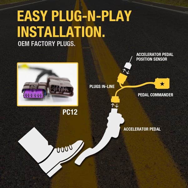 Merchant Pedal Commander PC12 has an easy plug-n-play installation between your accelerator pedal sensor and accelerator pedal